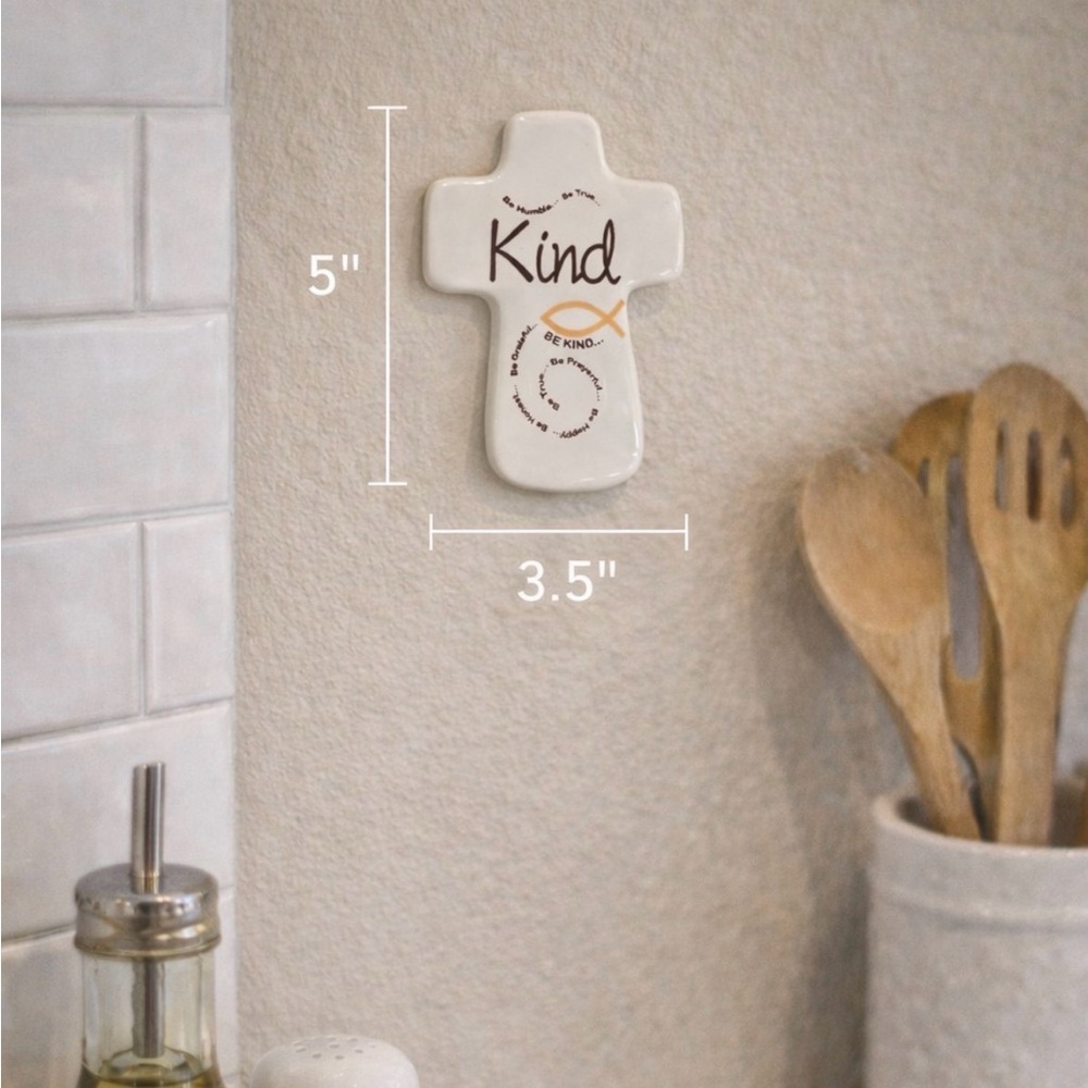 Small Ceramic Cross 'Kind" Wall Decor Jesus Fish Be Humble Be True Be Grateful